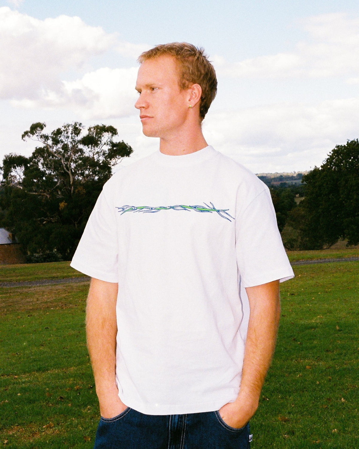 t-shirt barbwire - green + blue print