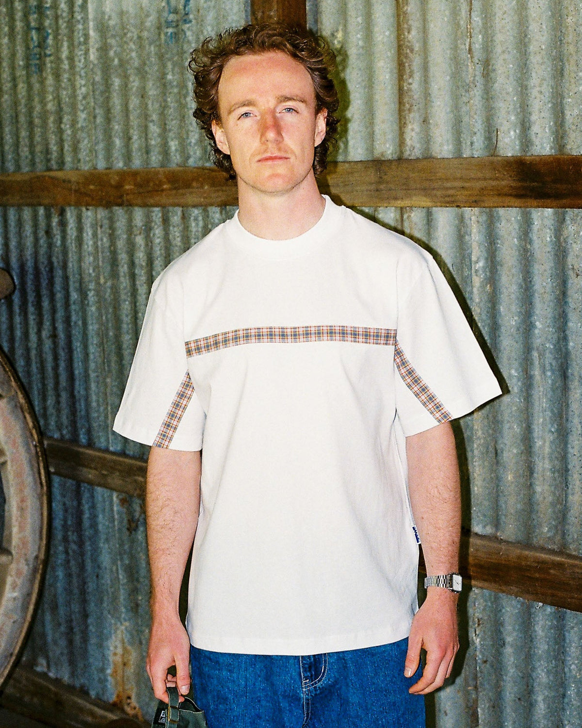 t-shirt recycled plaid stripe - white