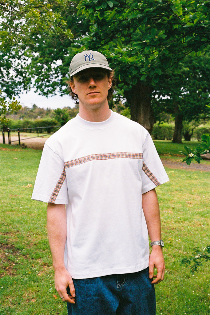 t-shirt recycled plaid stripe - white